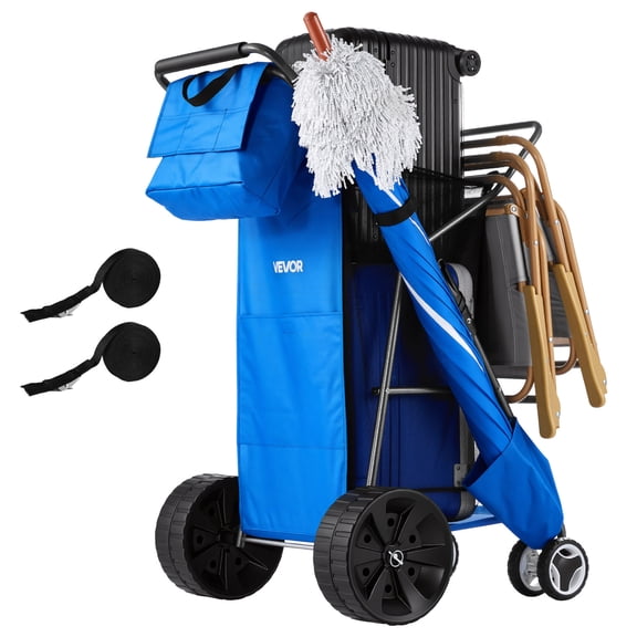 VEVOR Beach Cart with Large Wheels for Sand, 165 lbs Load Capacity, Heavy Duty Folding Beach Wagon with 10" Solid Wheels, Insulated Cooler Bag, Umbrella Holder, Holds 4 Chairs for Camping & Fishing