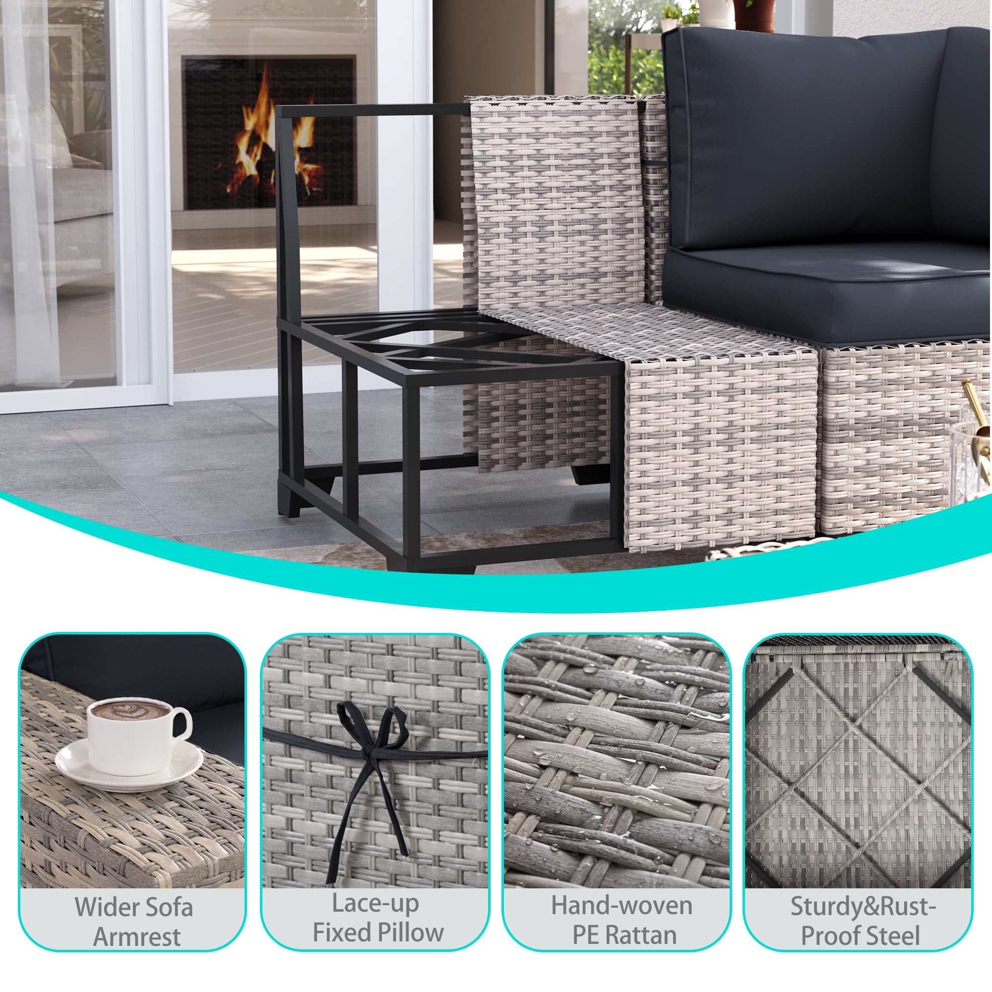 Sweecci 12 Piece Outdoor Patio Furniture Set, Ergonomic Wicker Patio Sectional Sofa with Stable Feet, 4" Cushions Conversation Set with Wood Table for Backyard Garden Deck,Dark Grey