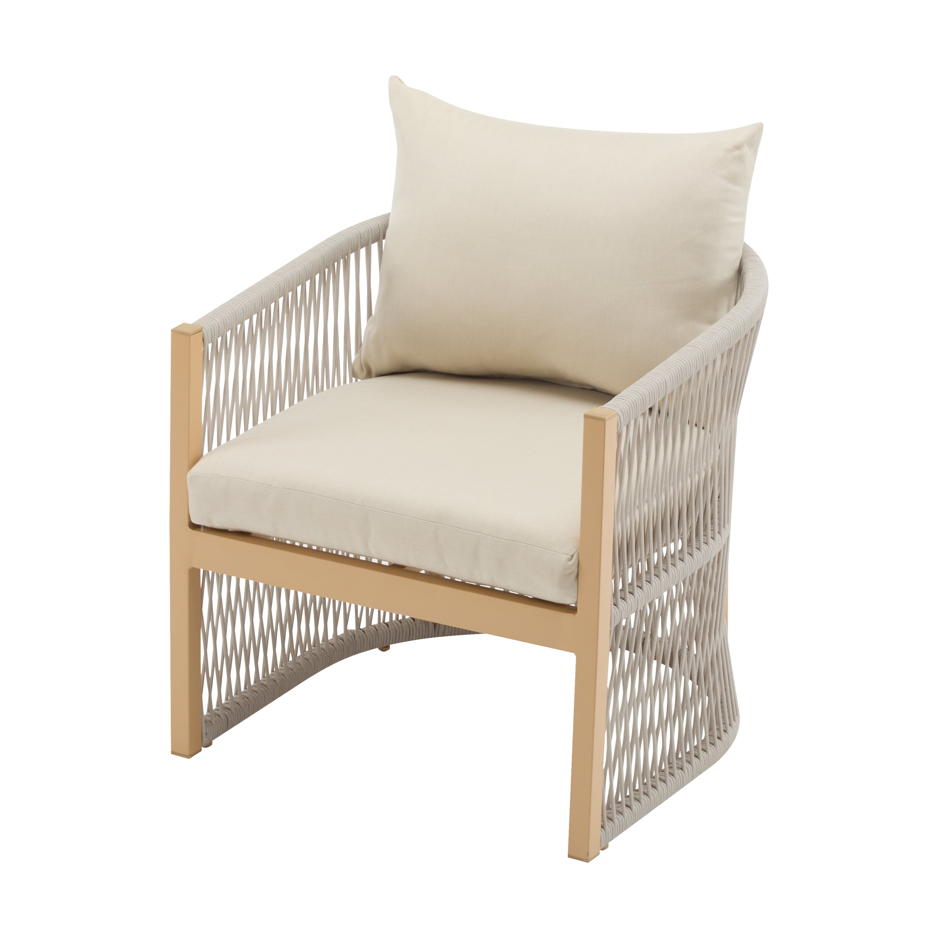 Curved Lounge Chair, Beige Aluminum Chair with Rope-Weave Design and Cushions for Patio Garden, Beige