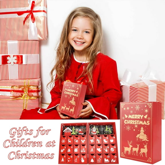 MXTPOV Red Christmas Advent Calendar 2024 Wooden Countdown Calendar LED Light with 24 Drawers Cute Gifts for Children Kids Holiday Home Decoration