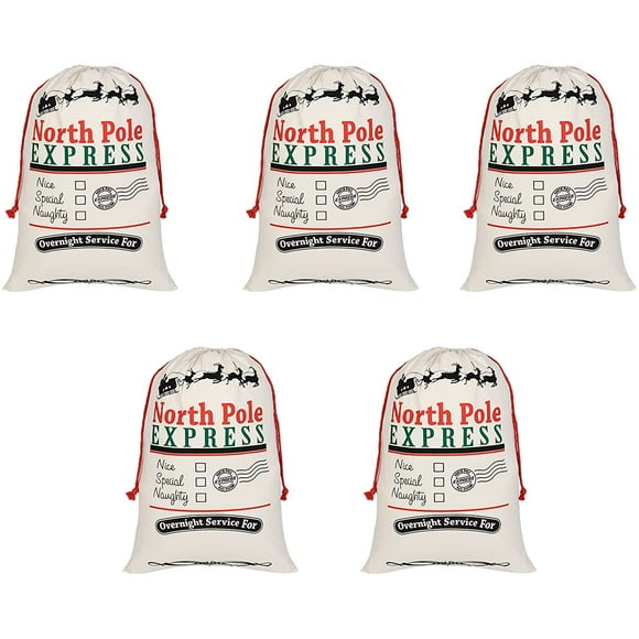 Santa Sack Gift Bag, Personalized Cotton Large Xmas Presents Storage Stocking Drawstring Bag for Partywarming Home Storage Decoration, 27.6" x 19.7" (5 Pack White)