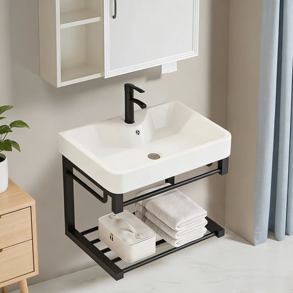 Floating wall-Mounted Bathroom 17-inch Vanity with Ceramic washbasin, Open Shelf, and Black mini Small Bathroom Vanity