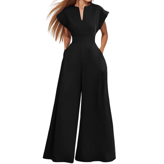 Ke1Clo Women Spring Fall Jumpsuits Casual V Neck Sleeveless High Waist Elastic Waist Jumpsuit Solid Loose Flowy Wide Leg Romper Black L