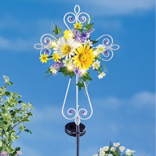 Solar Powered White Metal Cross Easter Garden Stake
