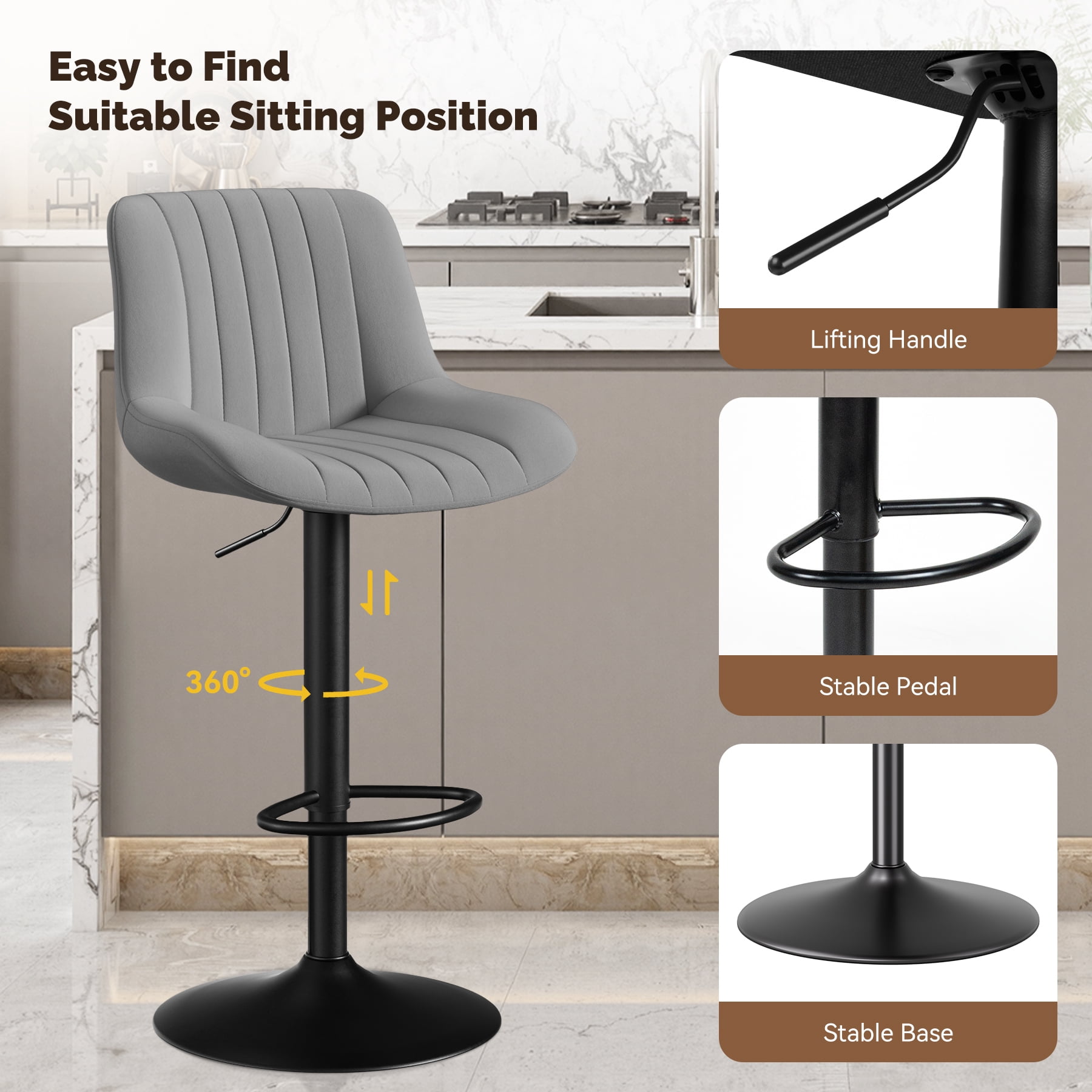 Daluvenix Adjustable Bar Stools Set of 2, Swivel Kitchen Bar Chairs with Back, Modern Tech Fabric Island Chairs for Home Kitchen, Dark Gray