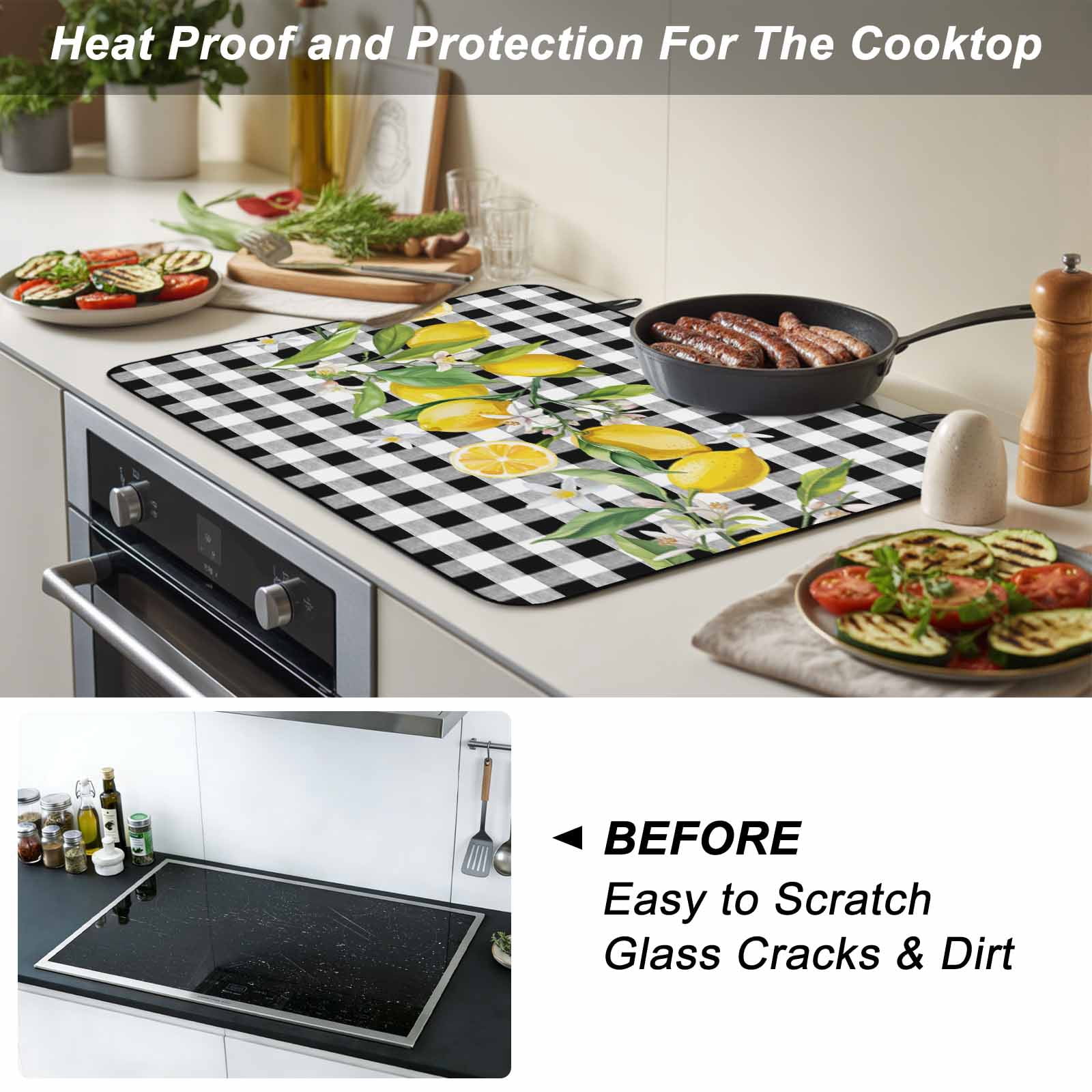 Lemon Stove Top Cover for Electric Stove, Heat-proof & Non Slip Glass Top Stove Cover Protector, Farmhouse Summer Botanical Fruit Black White Plaid Kitchen Flat Cooktop Rubber Mat 24x21 Inches