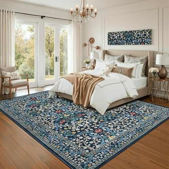 5x7 Dark Blue Floral Area Rug