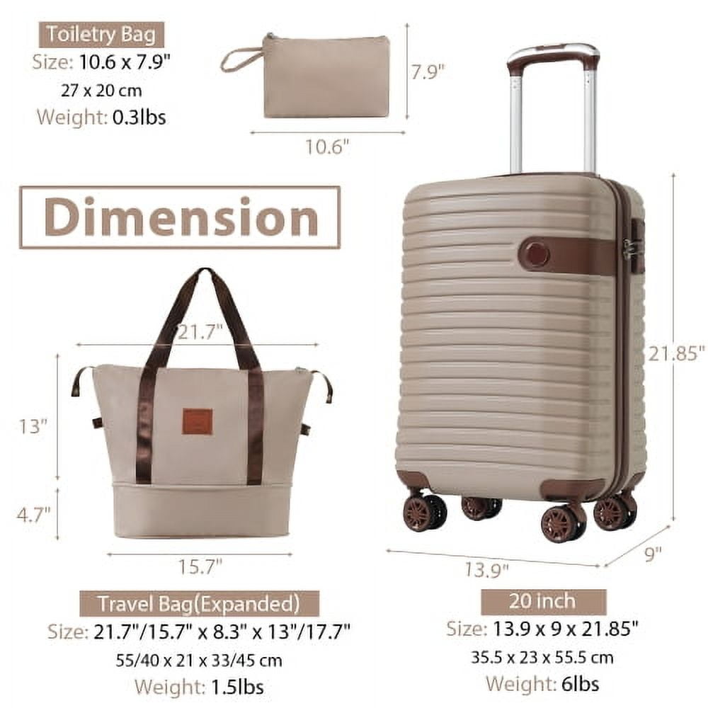 ACE-Travel,20" Carry on Luggage Sets(3PCS) Airline Approved with an Expandable Weekender Bag & a Toiletry Bag,Durable,Lightweight,ABS Hardshell Suitcases with TSA Lock,Wheels,TPE Elastic Handle(khaki)