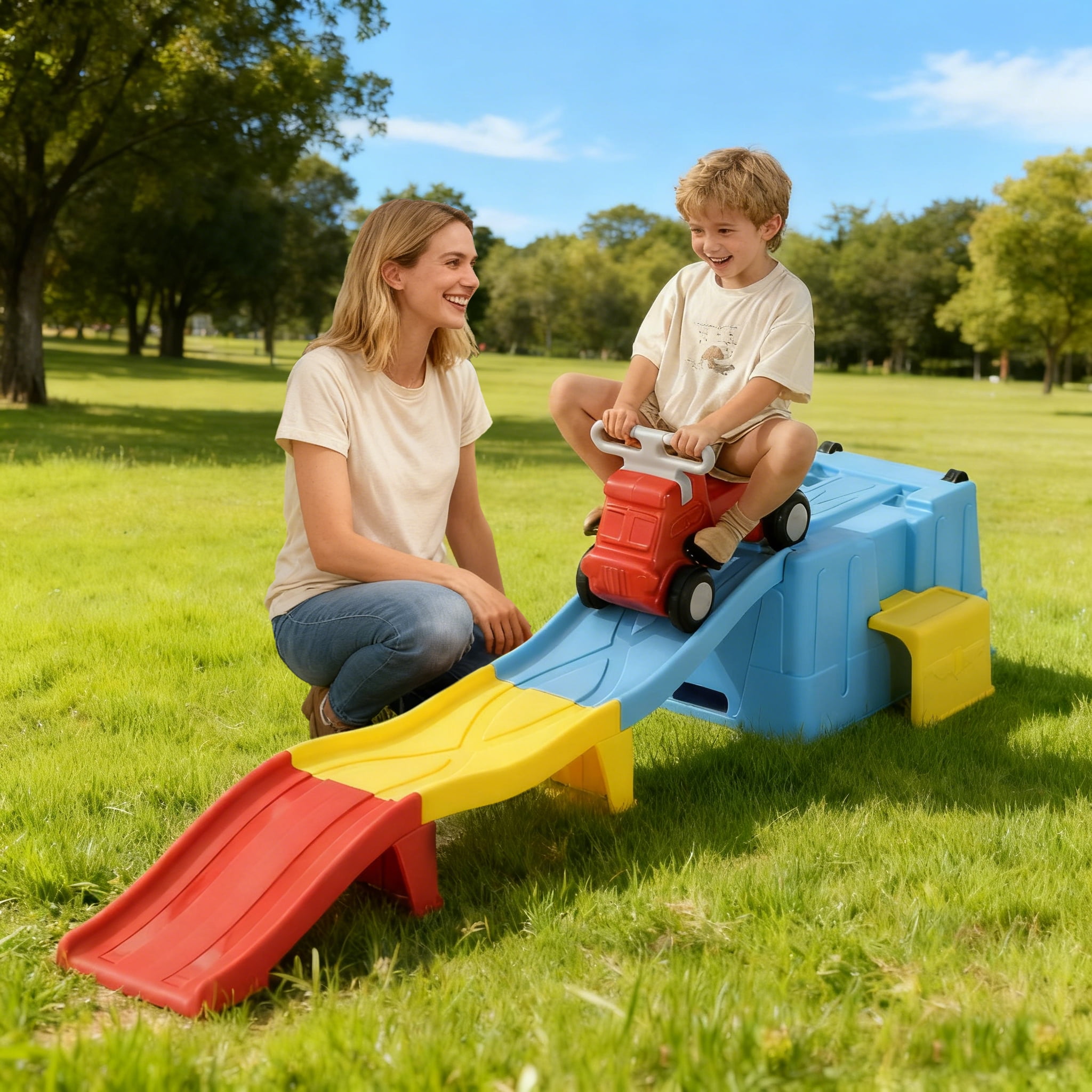 Up & Down Roller Coaster，Kids Ride On Toy，Toddler Push Car with Assembled Race Track & Storage Base Box, Indoor Outdoor Playset