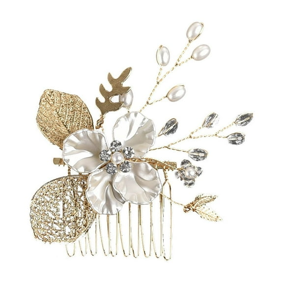 Nvzi -b Bridal Flower Wedding Hair Pins Crystal Pearl Hair Combs Clips Headpiece Gold Wedding Hair Accessories Jewelry with Rhinestone for Brides Bridesmaids Women Girls (Gold)