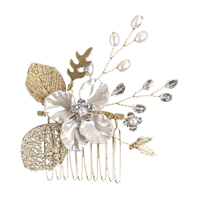 Nvzi Horquillas para el pelo de boda con flores para novias, peinetas con perlas de cristal, pinzas para el pelo, tocado, accesorios para el pelo de boda dorados, joyas - doradas
