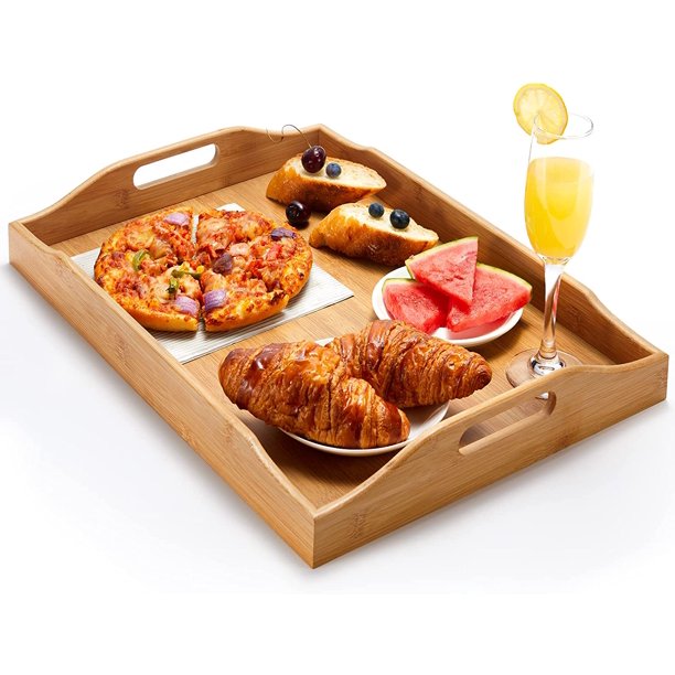 Extra Large Bamboo Serving Tray Food Tray with Handles, MultiUse Tray for Food, Drinks, Coffee