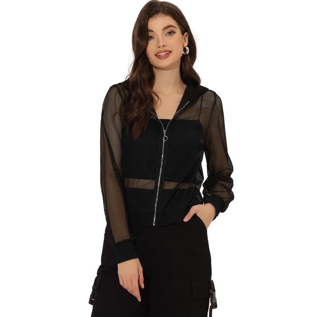 Chaqueta bomber Allegra K Mujer Manga Larga Con Cremallera Malla Pura Negro