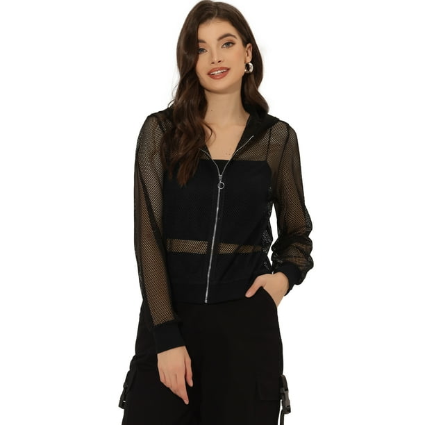 Chaqueta Allegra K con capucha Manga larga malla pura bomber Negro XL para mujer