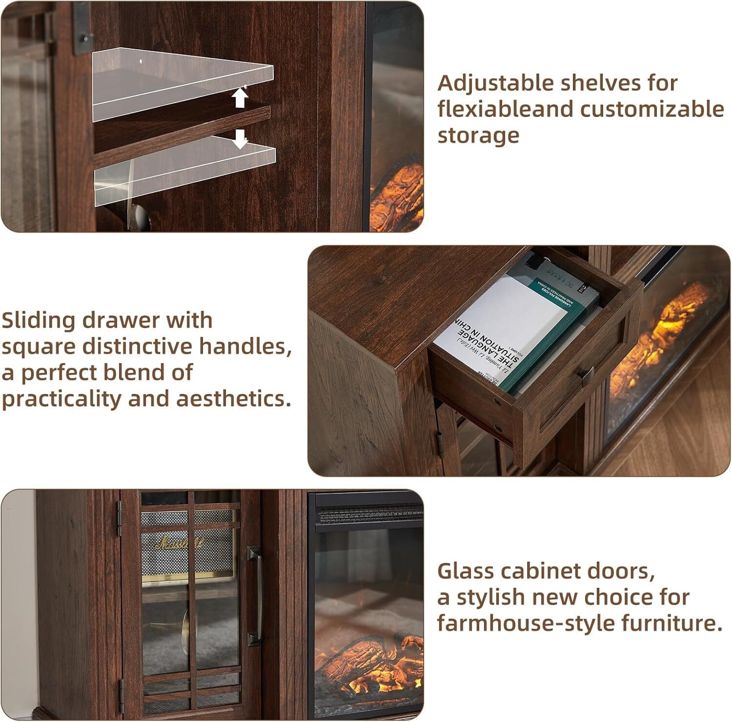 70" Fireplace TV Stand, Up to 80 inch, Entertainment Center with Electric Fireplace, Storage Cabinets, Open Shelves and Drawers, Media Console for Living Room, Walnut