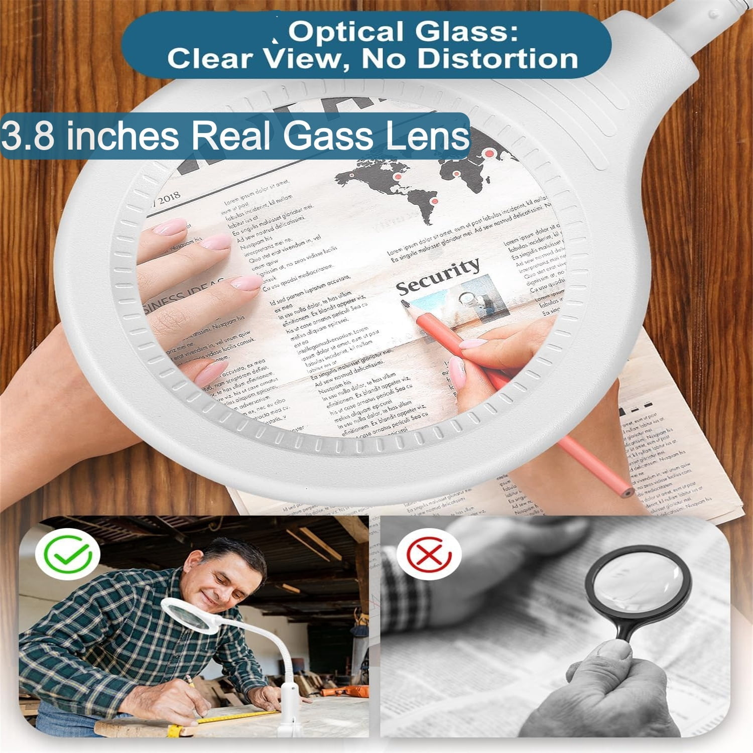 MagnieOpti Lighted Magnifying Glass with Clamp & Stand ,5 Color Modes Stepless Dimming, Hands-Free Flexible Gooseneck LED Lamp  for Craft Reading Repair