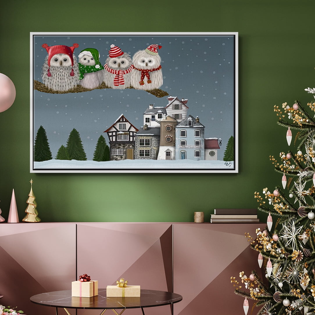 Christmas Christmas Owl Village - Framed Gallery Wrapped Holiday Canvas - 25 x 37 - White Frame
