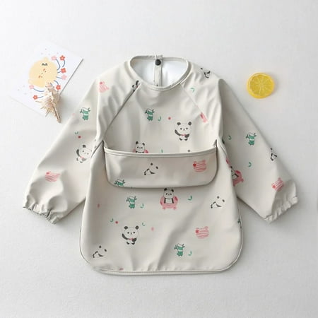 Easy Wear Long Sleeved Bib Baby Toddler Soft PU Bibs Painting Waterproof Meals Protection Washable Easy Clean Smock for Children Gray Panda S (6-12 Months)