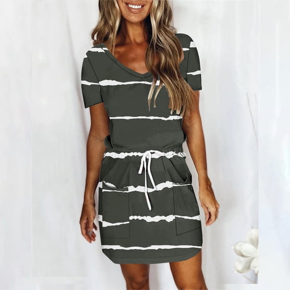 Taylonsss Women's Fashion Solid Color Short Sleeve V-Neck Mid-Calf Dress