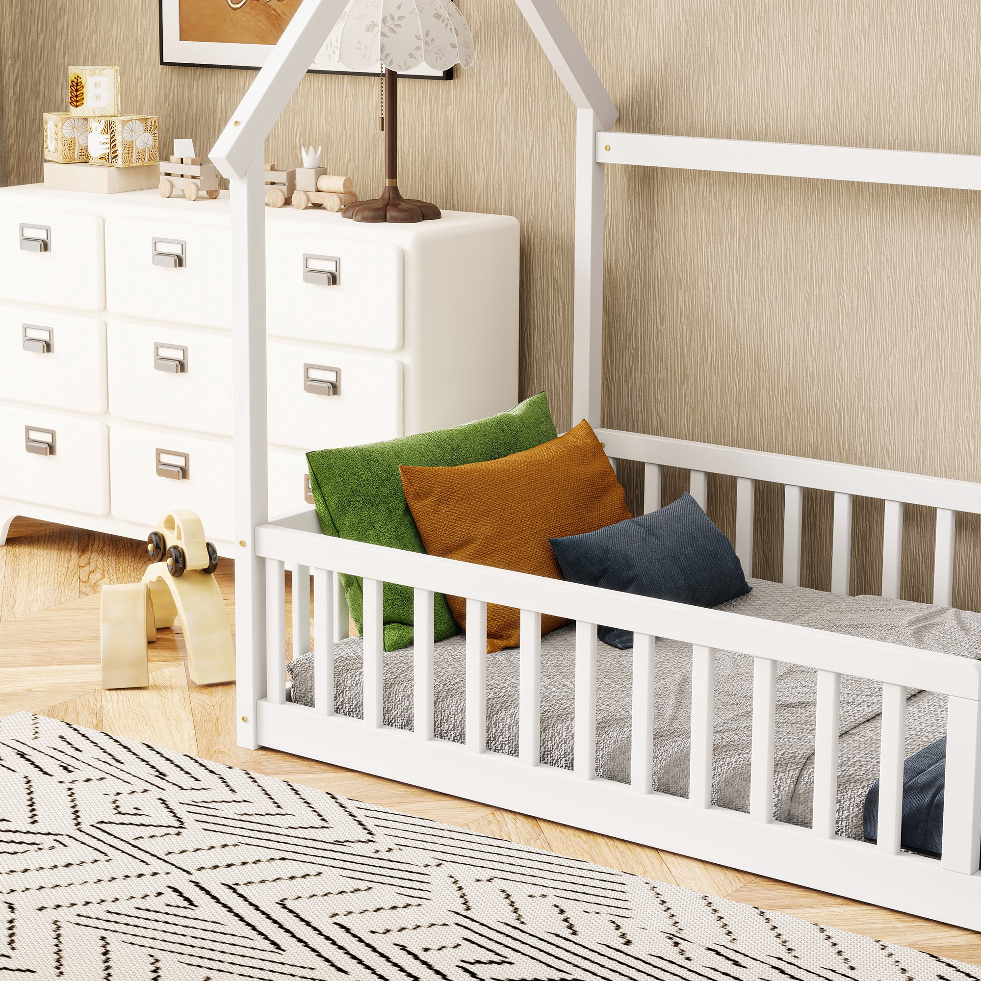 Twin Size House Floor Bed with Roof Frame, Pine Wood Floor Bed with Safety Guardrails, White