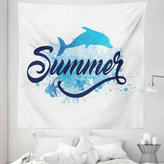 Dolphin Tapestry, Abstract Summer Lettering with Fish and Dolphin with Color Splashes Image, Fabric Wall Hanging Decor for Bedroom Living Room Dorm, 5 Sizes, Dark Blue Pale Blue, by Ambesonne
