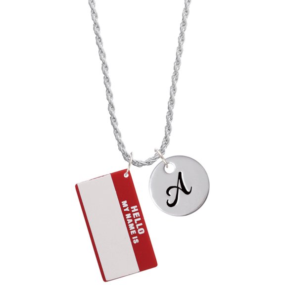 Delight Jewelry Acrylic Red "Hello" Name Tag Silvertone Script Initial Disc - A - Charm Necklace, 20"+3"