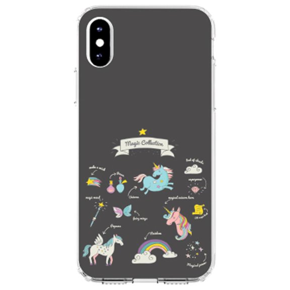 DistinctInk Clear Shockproof Hybrid Case for iPhone X / XS (5.8" Screen) - TPU Bumper, Acrylic Back, Tempered Glass Screen Protector - Magic Collection Grey - Unicorn, Rainbow