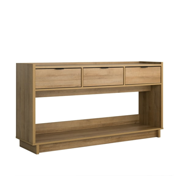 Prepac Natural Oak Simply Modern Entryway Table, Narrow Console Table with 3 Drawers, Media Console Table with Storage, 15.75"D x 60.25"W x 32"H