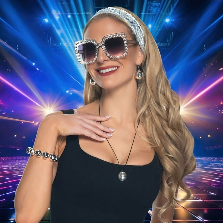 NebulaGlam Jaren 70 Disco-accessoires, kostuum, glitter pailletten, manchetten, disco zonnebril, oorbellen, armband en hoofdband, jaren 70 en 80 outfit voor dames voor carnaval (zwart