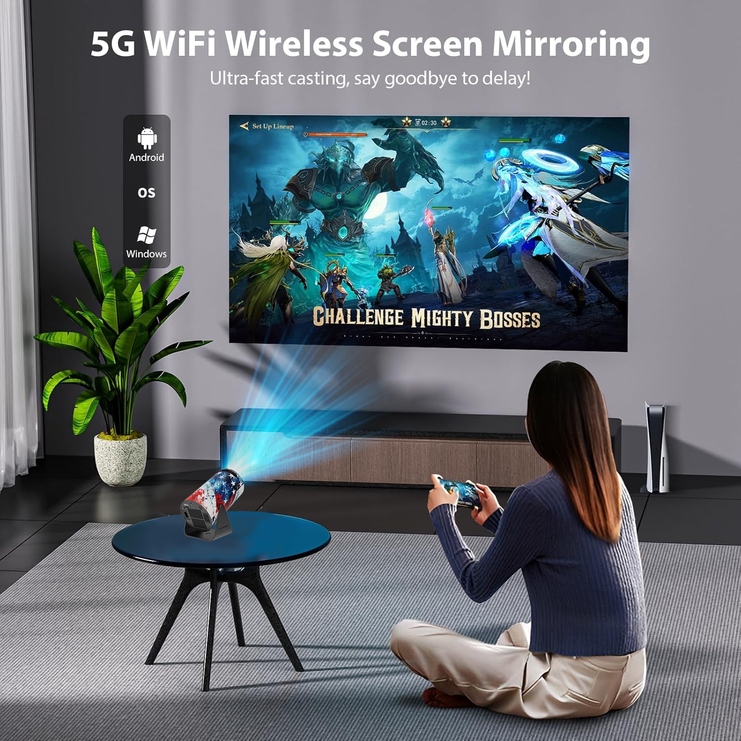 Mini Portable Projector with WiFi 6 and Bluetooth 5.0 Smart Projector 1080P Support Movie Projector 4K Decode Built-in Android 11.0 for Home Theater Compatible for Smartphone/Tablet/Laptop
