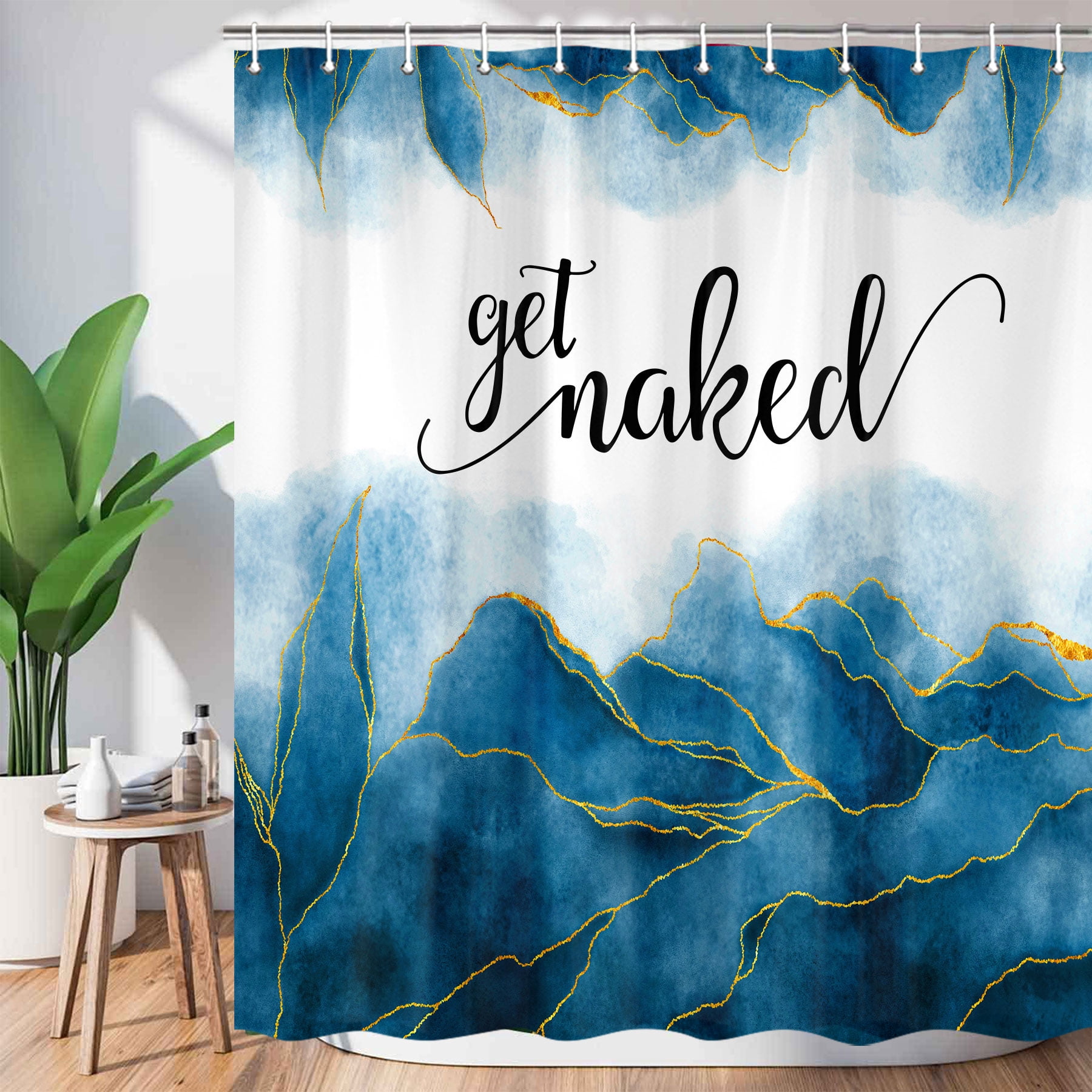 Get Naked Ombre Blue Shower Curtain, Golden Ombre Blue Marble Texture Shower Curtain Sets, Abstract Watercolor Modern Bathroom Curtain with Hooks Waterproof Fabric Decor, 48X70IN