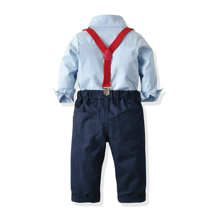 IDOPIP Toddler Kids Baby Boys Gentleman Outfit Striped Shirt with Bowtie +  Long Suspender Pants Overalls Clothes Wedding Baptism Formal Suit 
