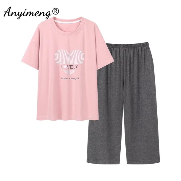 Conjunto de pijama hasta la pantorrilla para mujer, ropa de dormir de talla grande, Modal, con estampado a la moda, hasta la rodilla, de verano
