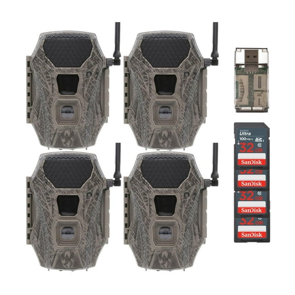 Wildgame Innovations Terra Cell 16MP Cellular Trail Camera (4-Pack) Bundle with 32GB Ultra SDHC UHS-I Memory Card (4-Pack) and USB Card Reader (9 Items)