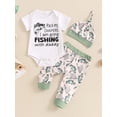 thumbnail image 2 of Nygoyerh Baby Boys Summer 3Pcs Outfits Short Sleeve Letter Print Romper + Pattern Print Pants + Hat 3M 6M 12M 18M Newborn Infant Cute Long Pants Sets for Casual Daily, 2 of 9