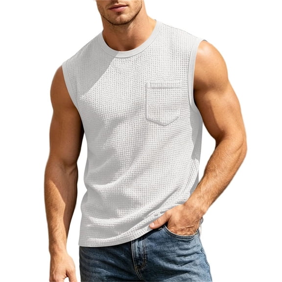 USNSM Tank Tops Men Waffle Sleeveless Shirt Casual Summer Relaxed Fit Active Tank Top with Pocket Muscle Athletic Beach Shirts White S