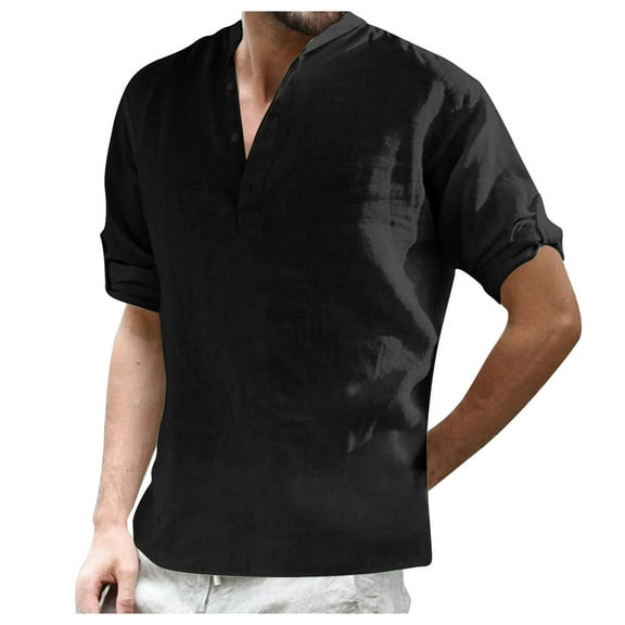 Men's Linen Roll Up Long Sleeve Shirt Cotton Casual Beach Shirts Henley T-Shirt Solid Band Collar Vacation Tops
