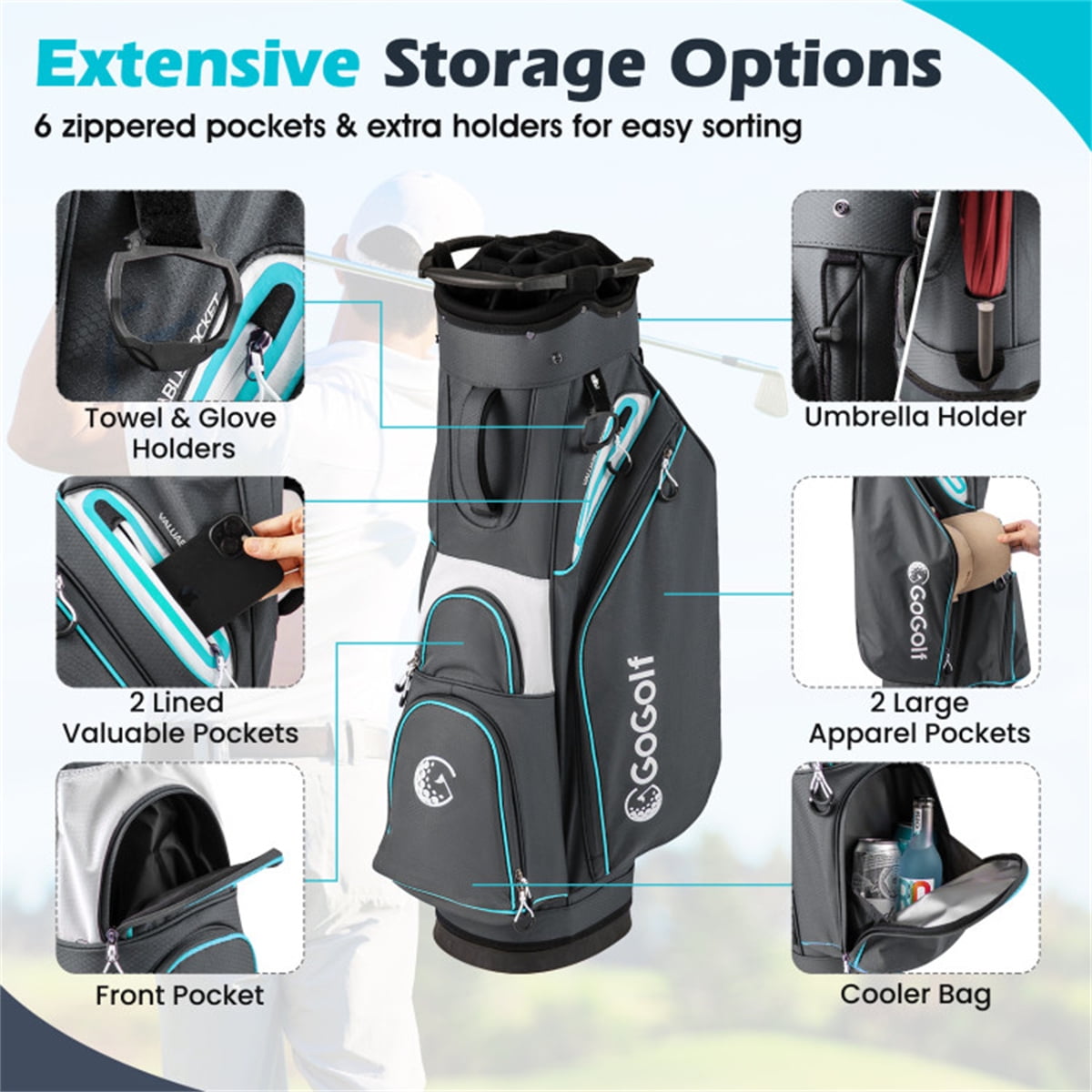 14 Way Golf Cart Bag 6 Zippered Pockets With Cooler Waterproof Zippers Gray Blue 4.7Lbs 33.5In Height 14 Divider Top Putter Well Rain Hood Umbrella Holder Polyester Lightweight Cart Bag Pro