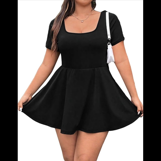 Vestido Mini para Mujer, Escote Cuadrado, Corta, Dobladillo con Volantes y Pantalones Cortos Incorporados, Negro, Talla XL