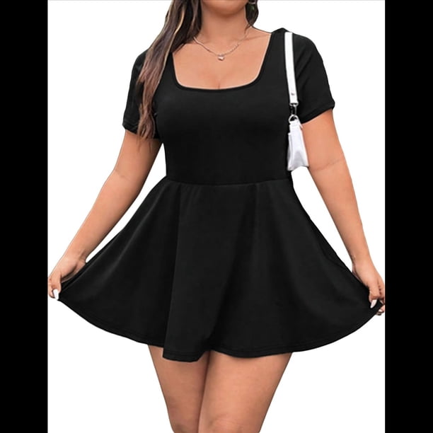 Vestido Mini para Mujer, Escote Cuadrado, Corta, Dobladillo con Volantes y Pantalones Cortos Incorporados, Negro, Talla XL