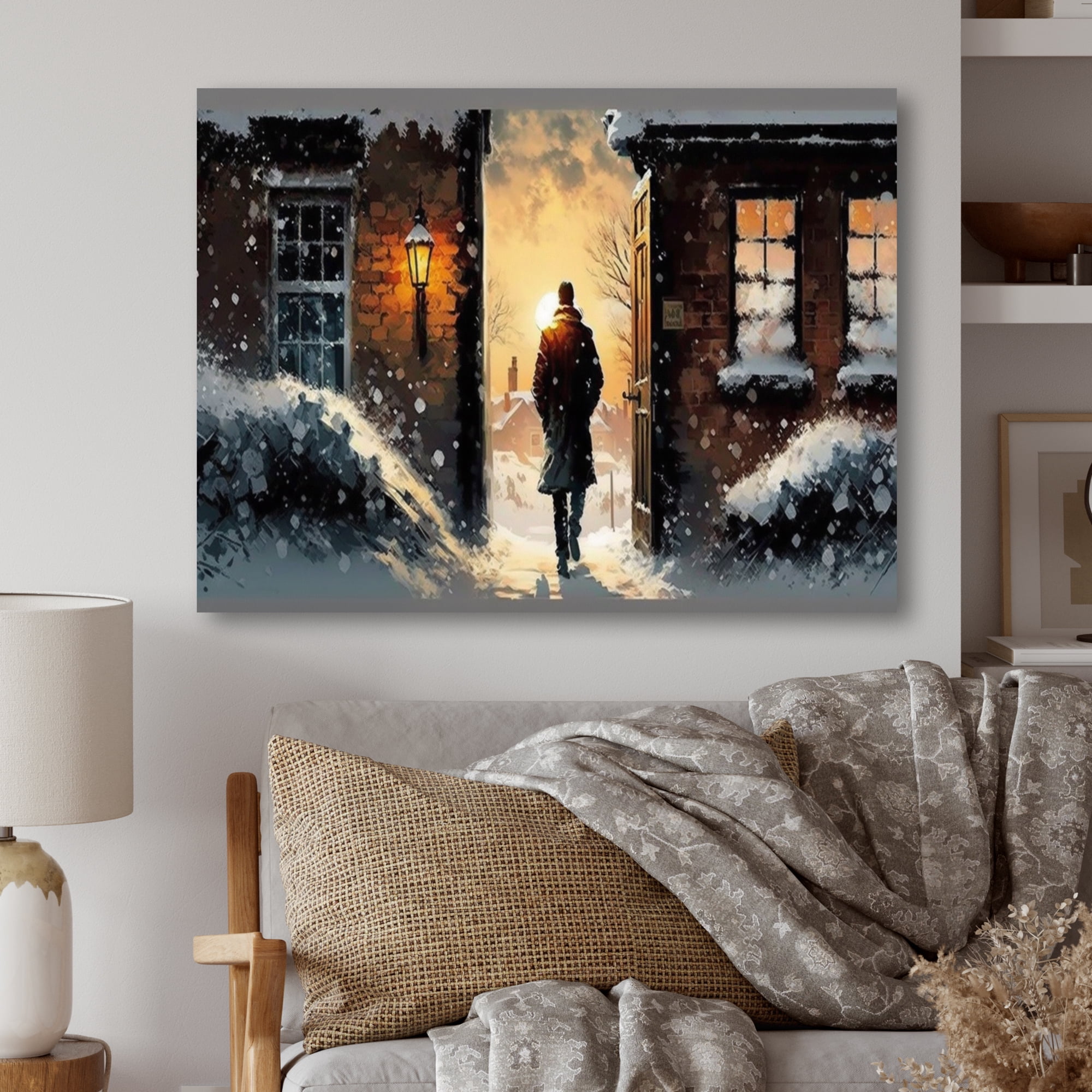 Designart Man Walking In Winter Scene Canvas Wall Art