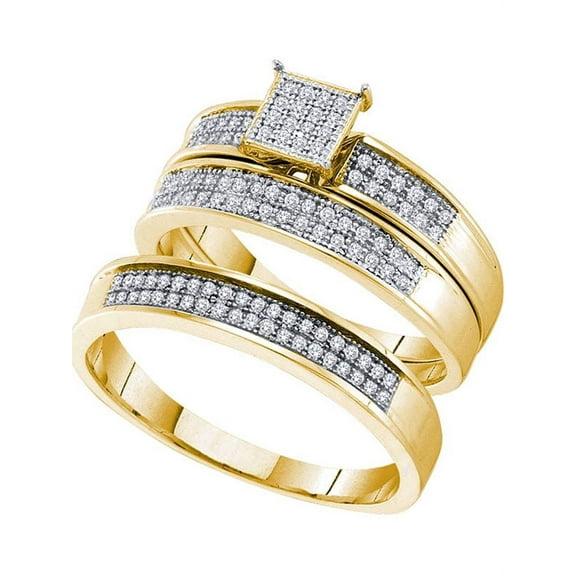 10kt Yellow Gold His & Hers Round Diamond Cluster Matching Bridal Wedding Ring Band Set 1/3 Cttw