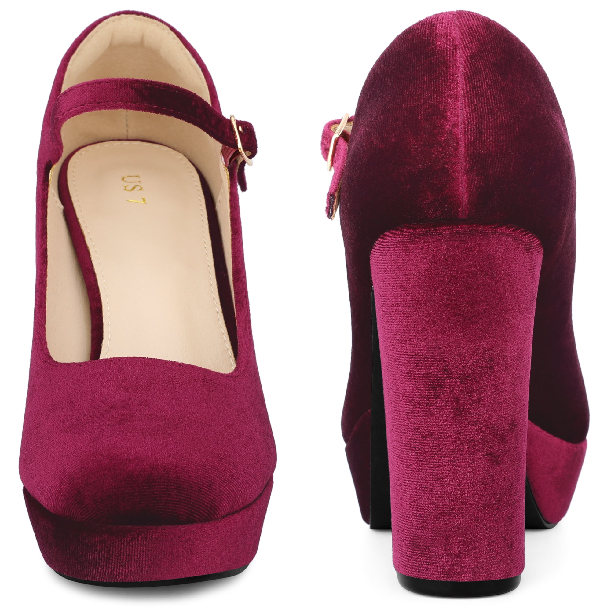 DARING DIVA Women's Velvet Ankle Strap Platform Block Heels Mary Jane Pumps Burgundy 11