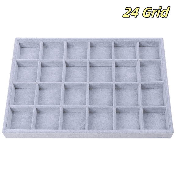 24 Grid Jewelry Drawer Organizer Tray,Ice Velvet Stackable Jewelry Trays,Removable Dividers for Rings Earring Storage Display(Gray)
