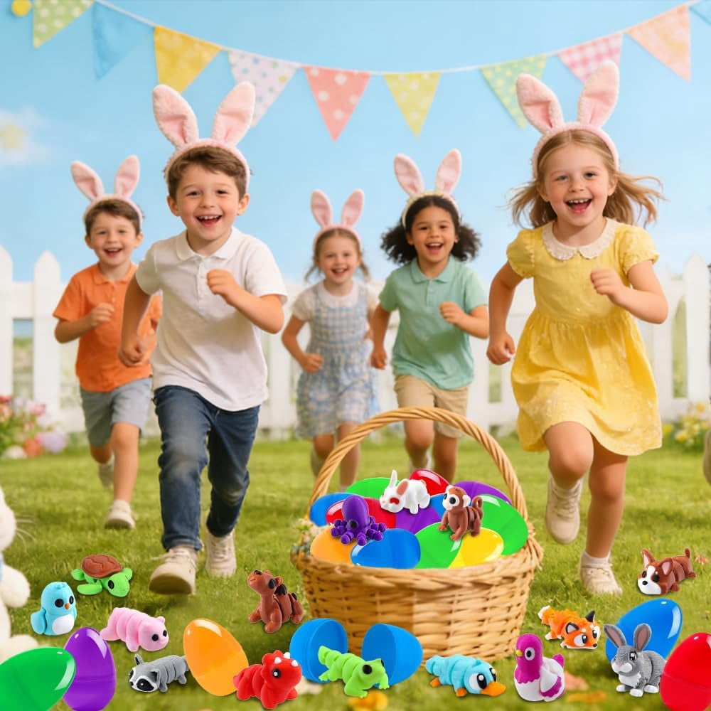 Prefilled Easter Eggs Set, 24 Count Plastic Eggs With 3D Printed Animal Toys, Basket Stuffers For Kids, Classroom Prizes, Party Favors, Assorted Colors