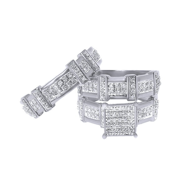 AFFY White Natural Diamond Wedding Trio Band Ring Set In 10k White Gold (0.75 Cttw)