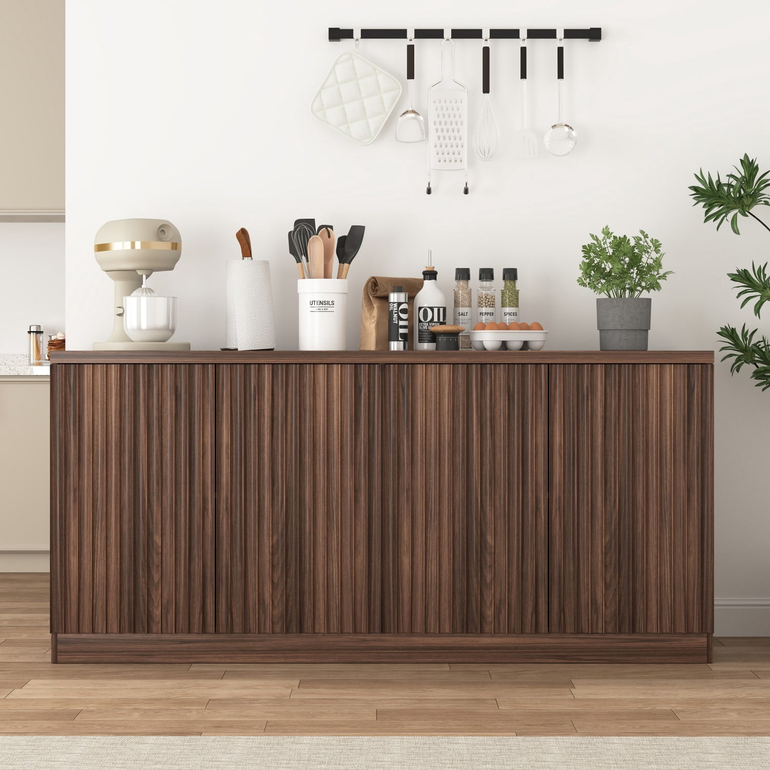 62.6" Buffet Cabinet with Storage, 4 Door Sideboard Cabinet with Shelves, Wooden Coffee Bar Cabinet Credenza Console Table for Kitchen Dining Room Living Room, Walnut