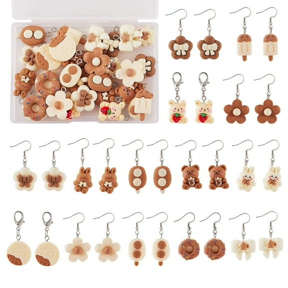 1 box DIY Cartoon Earring Making Kit Including Bowknot & Bear & Flower & Ice Cream Resin Pendants 316 Surgical Stainless Steel Earring Hooks Mixed color 98pcs/box Resin