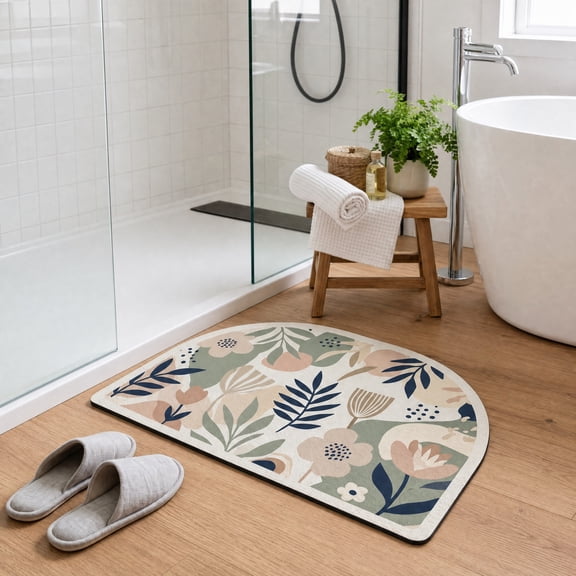 40 x 60 cm Semi-Round Faux Diatomite Bath Mat, D-Shaped Botanical Bathroom Floor Mat with Flat Edge, Decorative Floral Shower Exit Rug for Bathtub, Sink, Vanity, Doorway and Indoor Wash Area