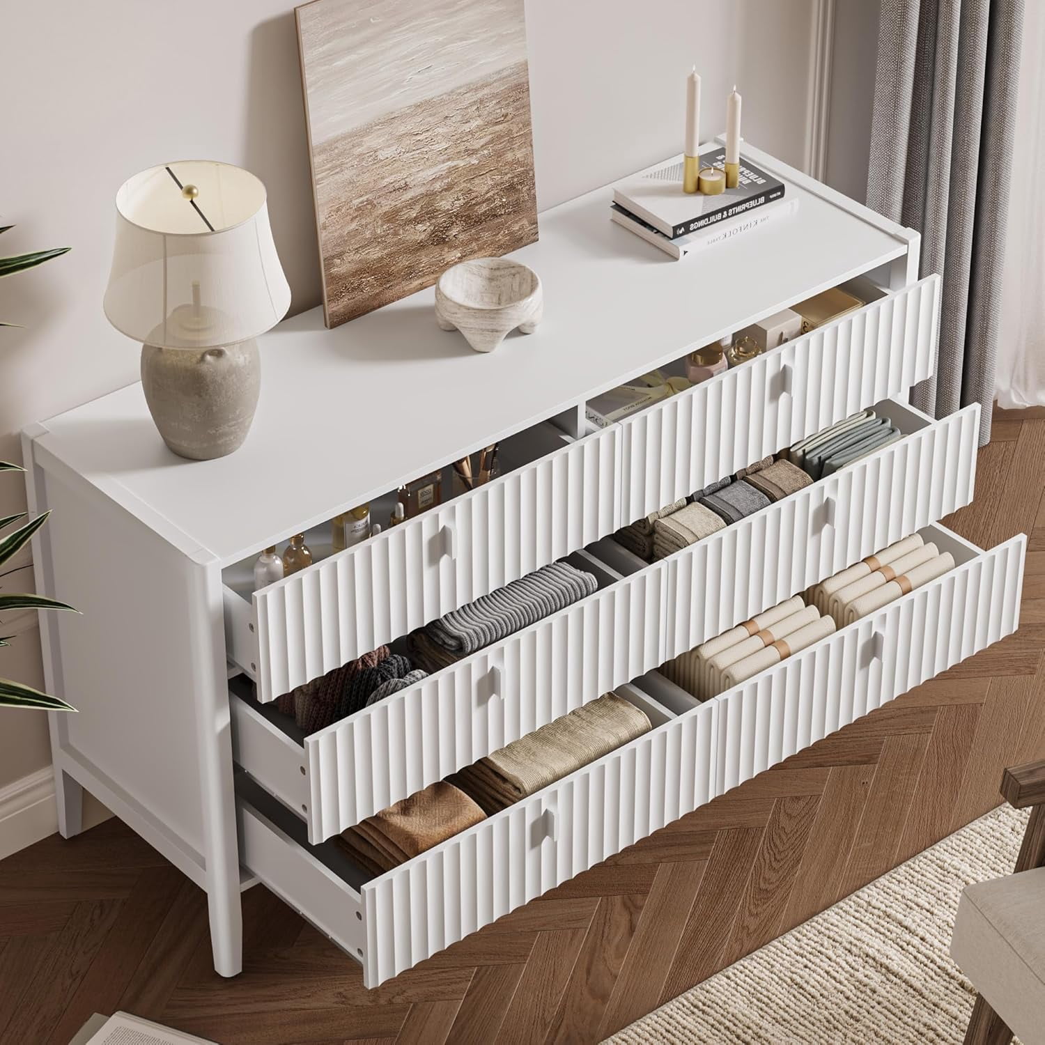 FURNIWAY White 6 Drawer Dresser for Bedroom, Modern Wood Dresser, Fluted Design Double Chest of Drawers with Wood Legs, TV Stand Storage Cabinet for Bedroom, Living Rooms, Offices, and Entryways